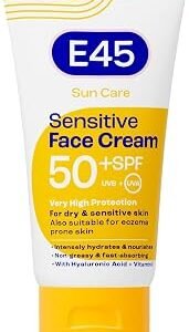 E45 SPF50+ Sensitive Sun Cream for Face with Hyaluronic Acid - UVA and UVB Protection - Fragrance-Free and Dermatologically Tested Sunscreen - Suitable For Dry, Sensitive and Eczema Prone Skin (50ml)