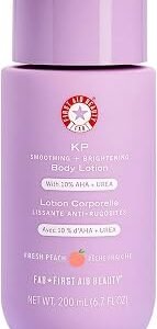 First Aid Beauty - KP Smoothing + Brightening Body Lotion with 10% AHA, Lactic Acid, Urea + Colloidal Oatmeal, Exfoliate + Moisturize, Banish Keratosis Pilaris Bumps, NEW Peach Scent (190 g)