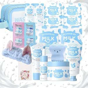 20PCS Milk Skin Care Set, Skincare Gift Set With Cleanser, Serum, Face Cream, Sheet Mask, Lip Mask, Washbag And Headband, Gifts For Her, Birthday Gifts For Women, Travel Toiletries