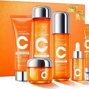 6PCS Vitamin C Skincare Set for Face,Hydrating & Brightening Facial Kit,Anti-Aging Moisturising Skin Care Gift Set for Women & Teenage Girls,Radiant Complexion & Daily Facial Routine